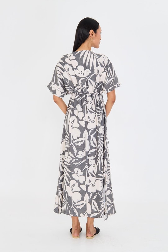 Palmiye Desen Kruvaze Yaka Keten Görünümlü Uzun Elbise