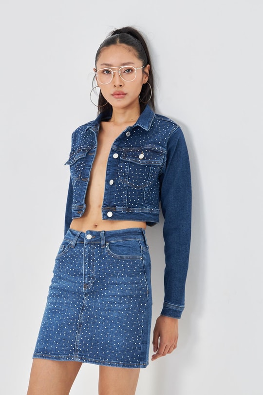 Taş İşlemeli Crop Denim Ceket
