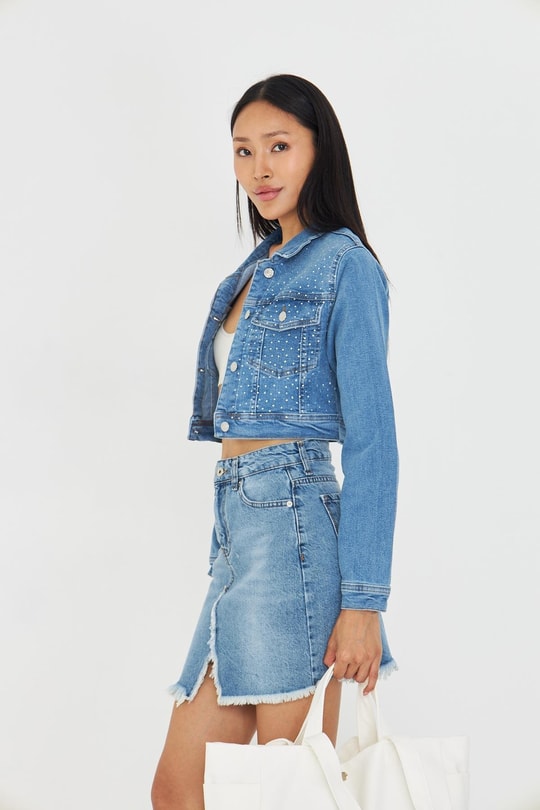 Taş İşlemeli Crop Denim Ceket
