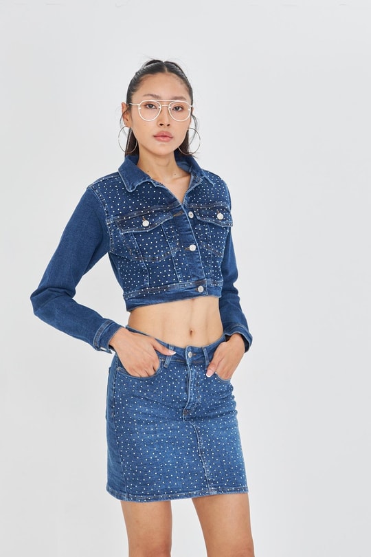 Taş İşlemeli Crop Denim Ceket
