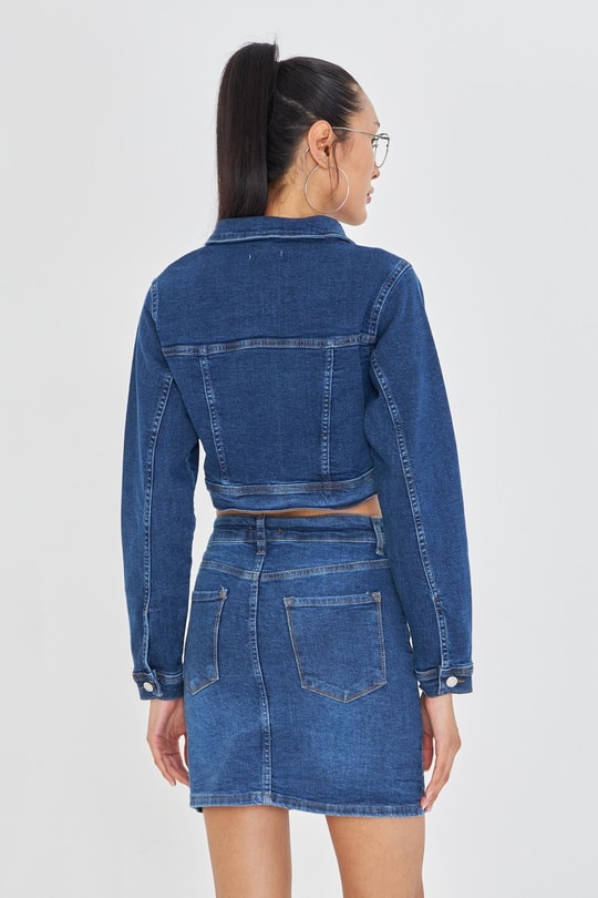 Taş İşlemeli Crop Denim Ceket