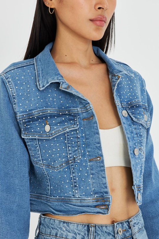 Taş İşlemeli Crop Denim Ceket
