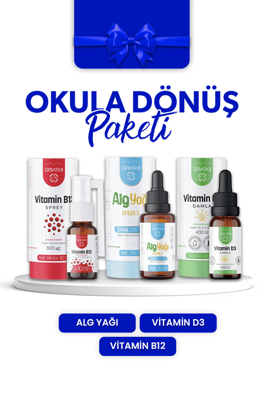 Erbatab Okula Dönüş Paketi ( Vitamin D3 Kids, Vita 12, Alg Yağı Omega-3)