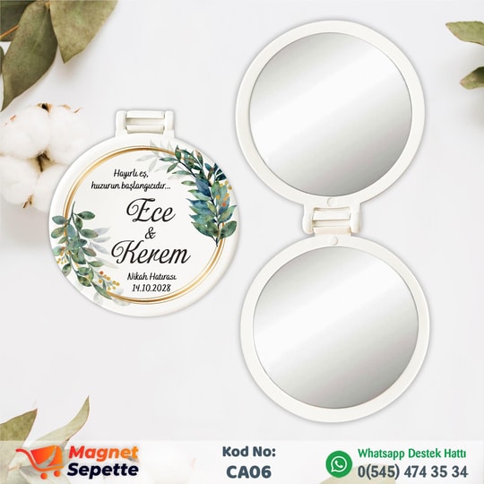 Yeşil Çiçekli Nikah Hatırası Cep Aynası