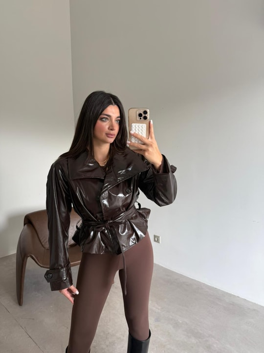 Acı Kahve Kuşaklı Rugan Ceket