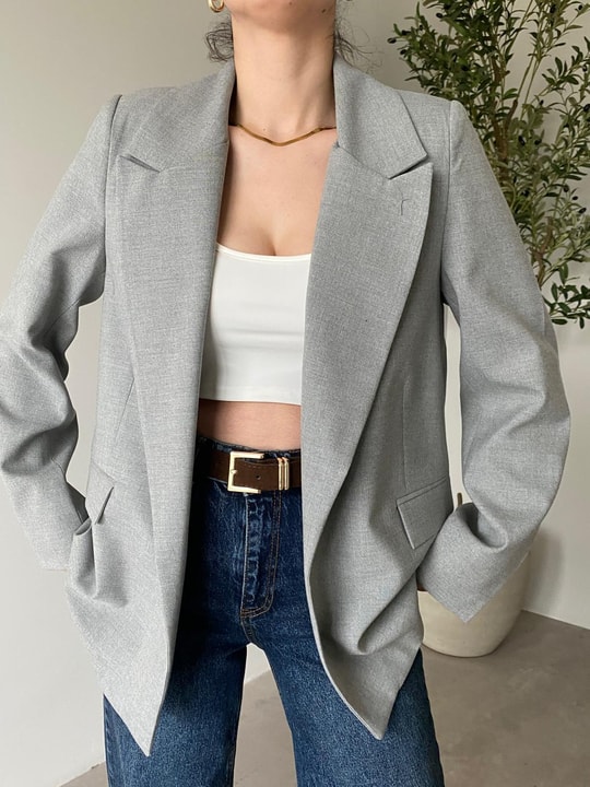 Açık Gri Çizgi Astarlı Blazer Ceket