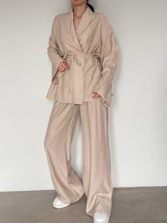 Bej Şal Yaka Kimono Takım