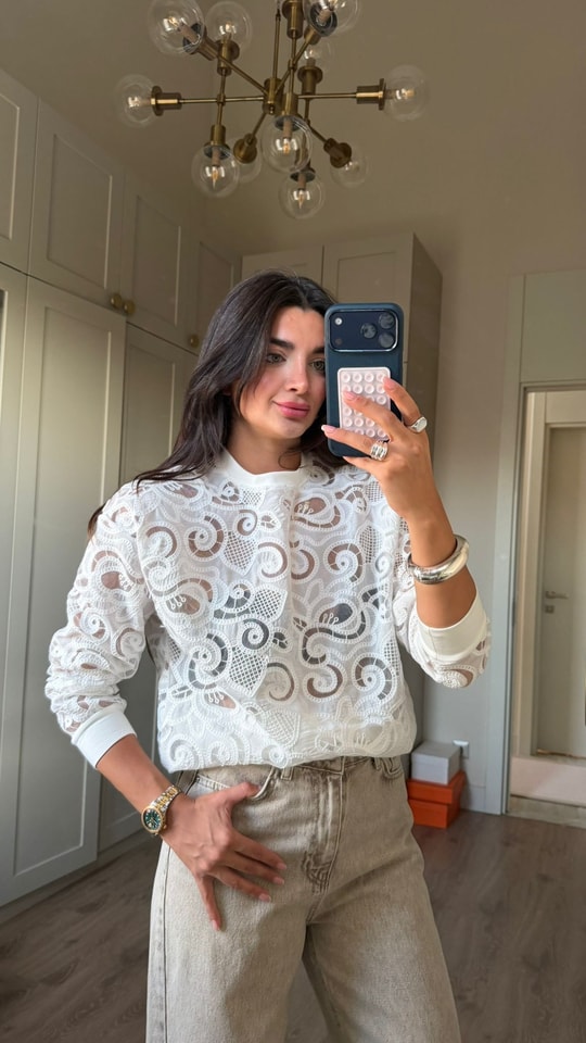 Beyaz Bisiklet Yaka Dantelli Sweat