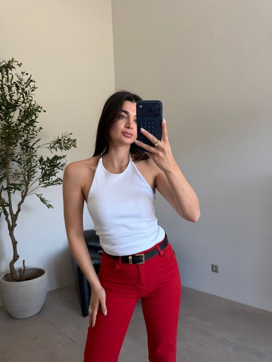 Beyaz Halter Yaka Fitilli Bluz