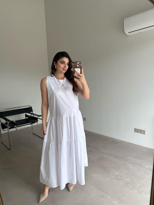Beyaz Sıfır Kol Veronika Elbise