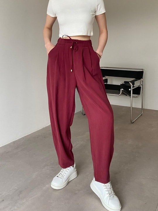 Bordo Beli Bağlamalı Şalvar Pantolon