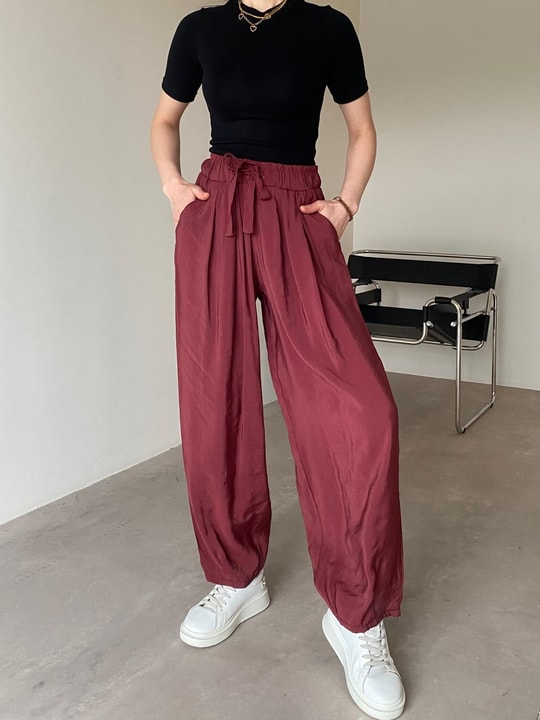 Bordo Beli Lastikli Tensel Şalvar Pantolon
