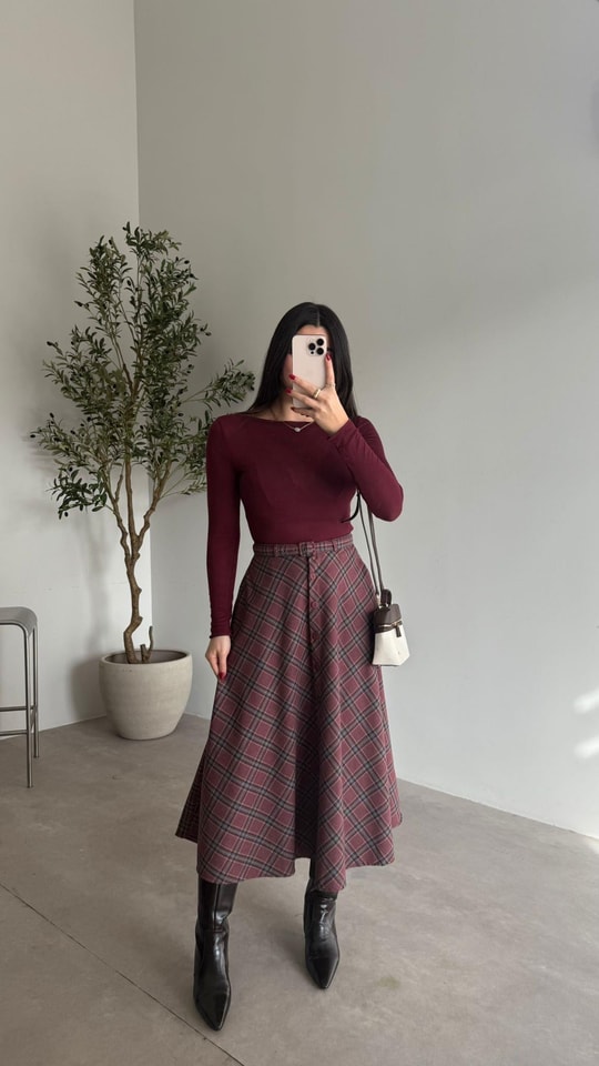 Bordo Düğmeli Ekose Etek
