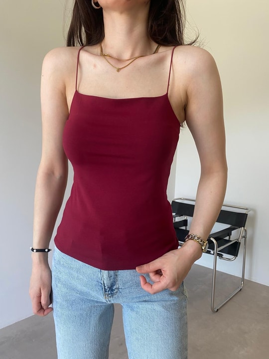Bordo İp Askılı Uzun Tina Crop (51 Cm)