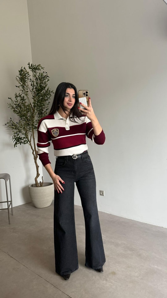 Bordo Krem Çizgili Taşlı Kazak