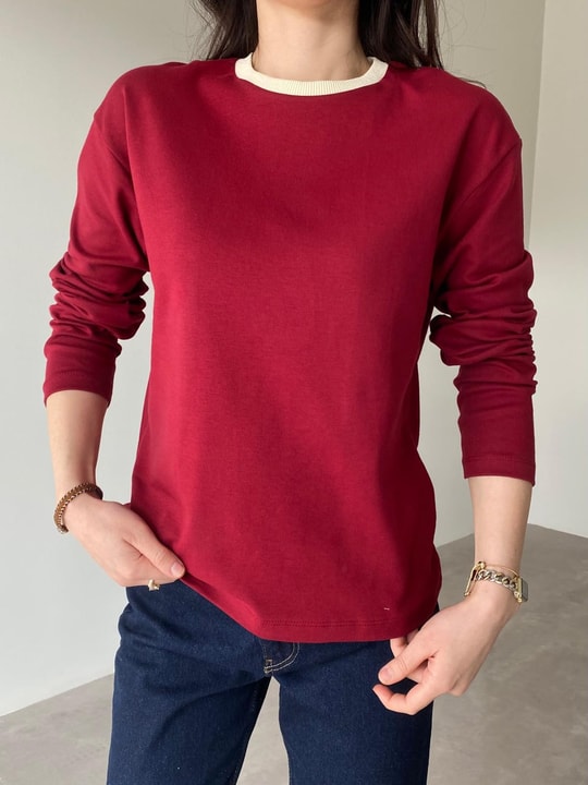 Bordo Krem Yaka Detaylı Basic Bluz