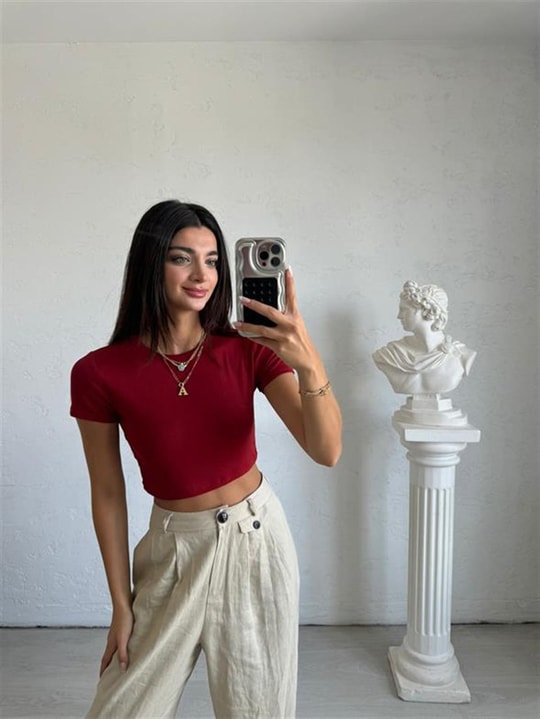 Bordo Likralı Esnek Leo Crop Tişört