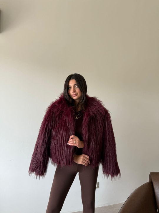 Bordo Saçaklı Oversize Kürk