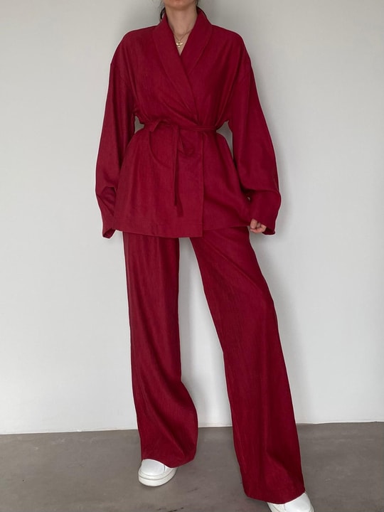 Bordo Şal Yaka Kimono Takım