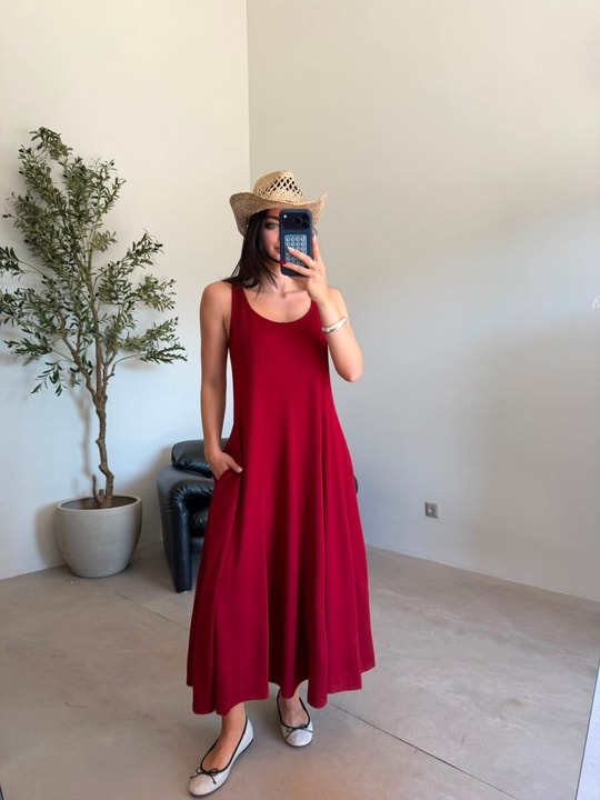 Bordo Volanlı Modal Elbise