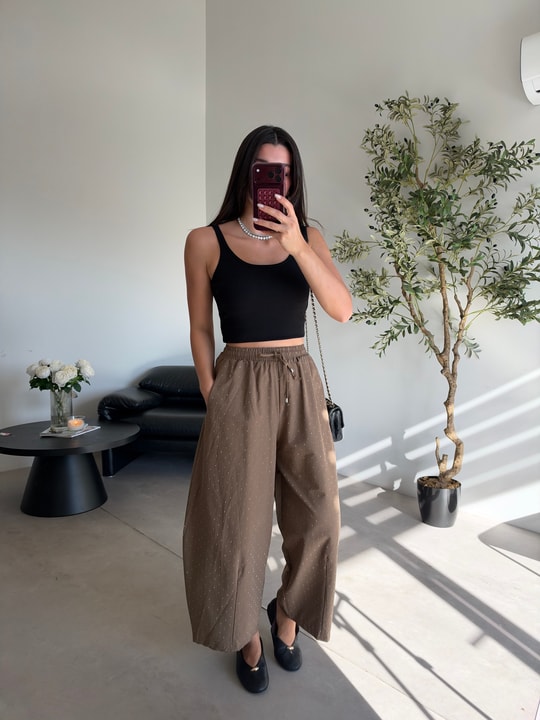 Camel Beli Lastikli Shiny Pantolon