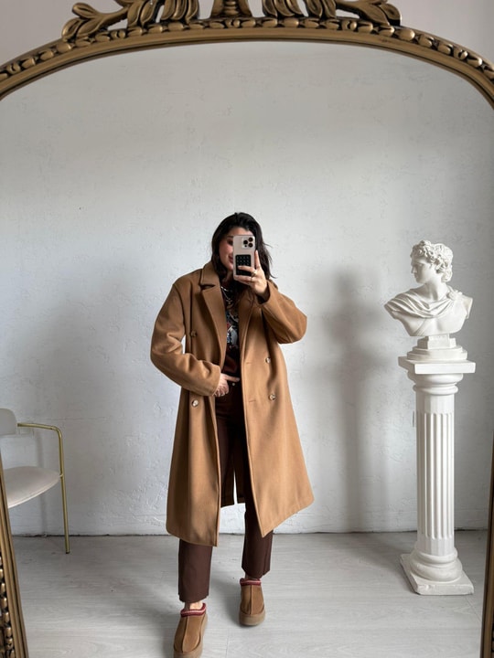 Camel Düğme Detaylı Kaşe Kaban