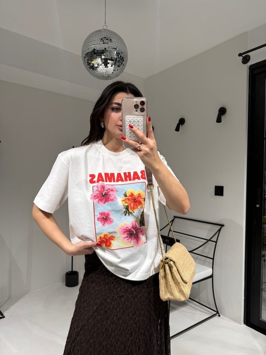 Ekru Bahamas Baskılı Oversize Tişört