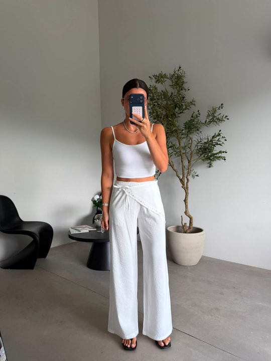 Ekru Beli Lastikli Drop Şallı Pantolon