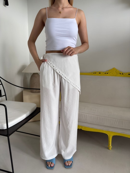 Ekru Beli Lastikli Drop Şallı Pantolon