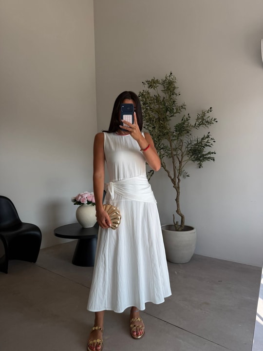 Ekru Beli Şal Bağlamalı Elbise