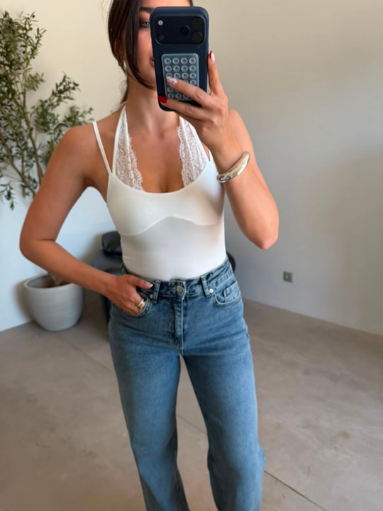 Ekru Dantelli Bağlamalı Bodysuit