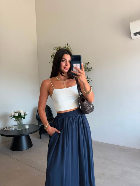 Ekru İp Askılı Kısa Tina Crop (40 Cm)