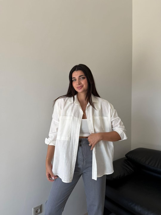 Ekru Oversize Lena Keten Gömlek