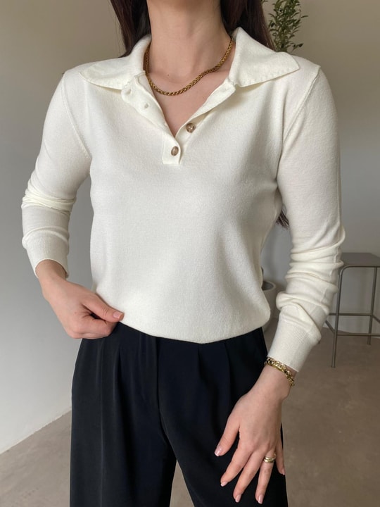 Ekru Polo Yaka Yumuşacık Triko Kazak