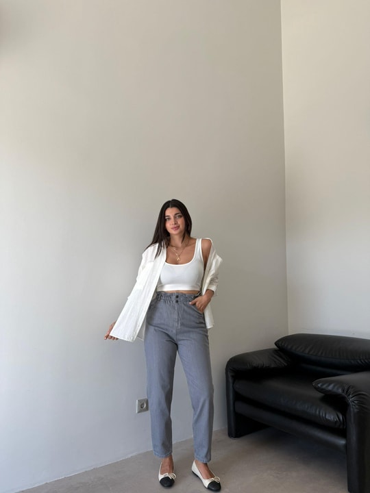 Gri Beli Lastikli Mom Jean