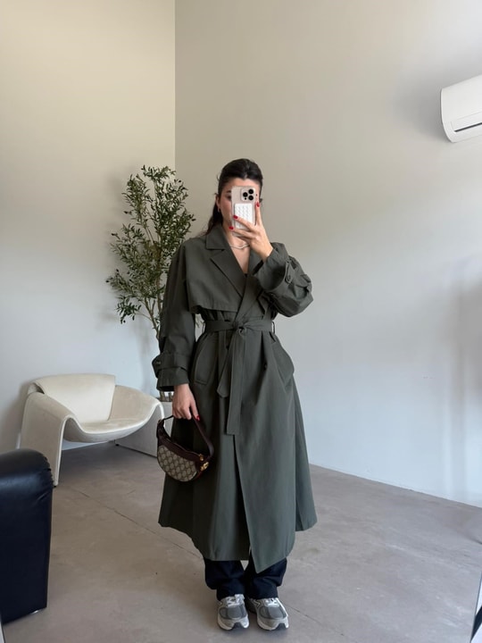 Haki Oversize Kuşaklı Trençkot