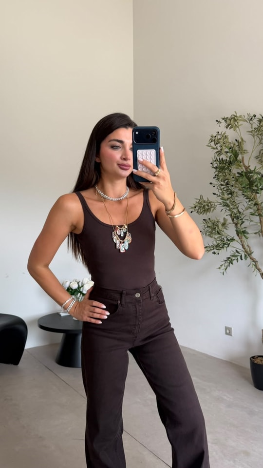 Kahve Askılı Dina Crop Bluz
