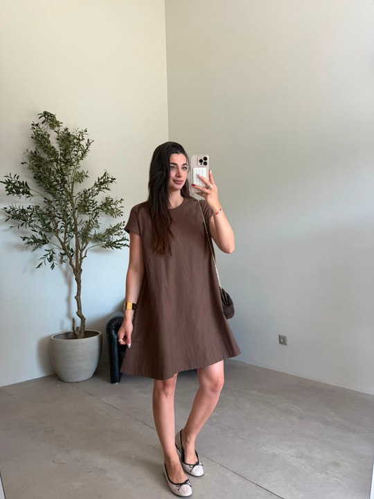Kahve Cepli Keten Elbise