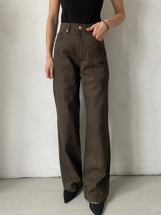 Kahve Desenli Straight Jean