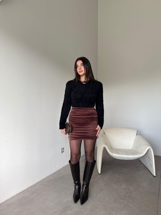 Kahve Drapeli Mini Etek 