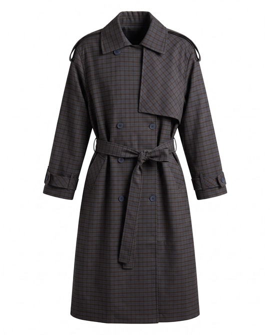 Kahve Ekoseli Oversize Trenç