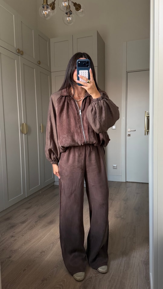 Kahve Garnili Bomber Pantolon Takım