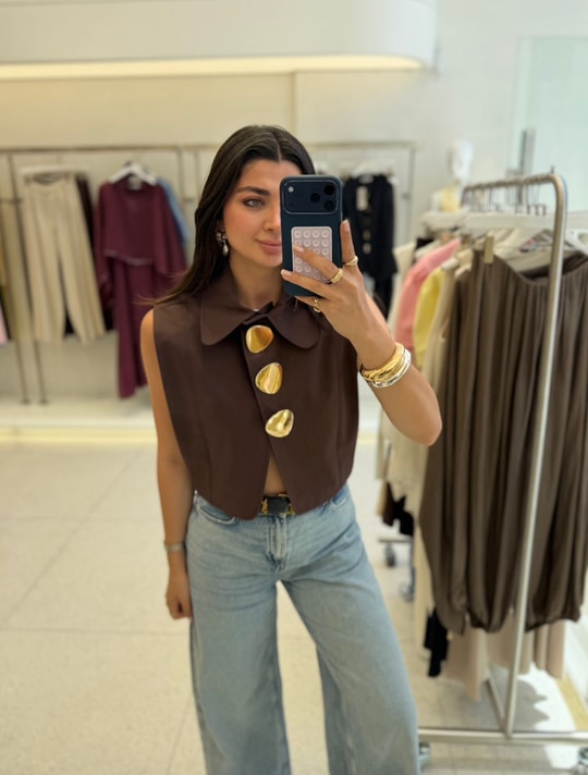 Kahve Gold Aksesuarlı Astarlı Yelek