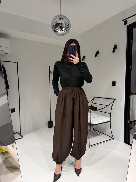 Kahve Paçası Lastikli Şalvar Pantolon