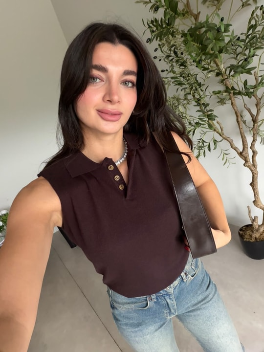 Kahve Polo Yaka Sıfır Kol Yumuşacık Bluz