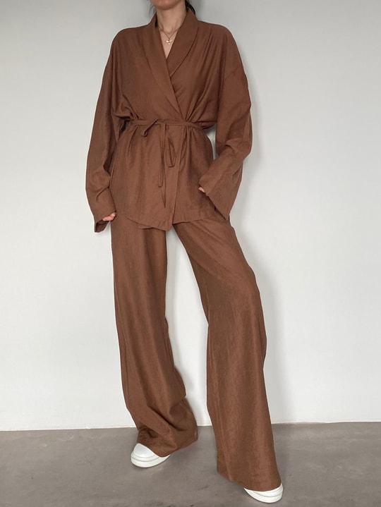 Kahve Şal Yaka Kimono Takım