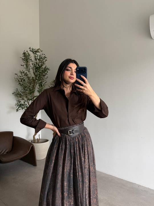 Kahve Vatkalı Poplin Gömlek