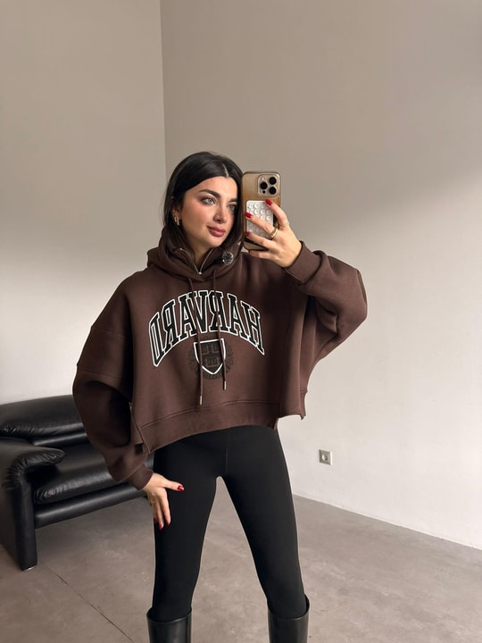 Kahverengi Harvard Baskılı Oversize Sweat