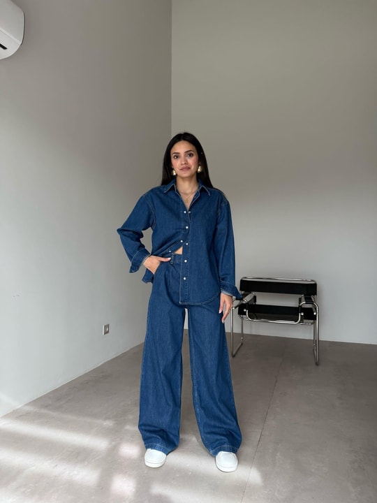 Koyu Mavi Gömlekli Denim Takım