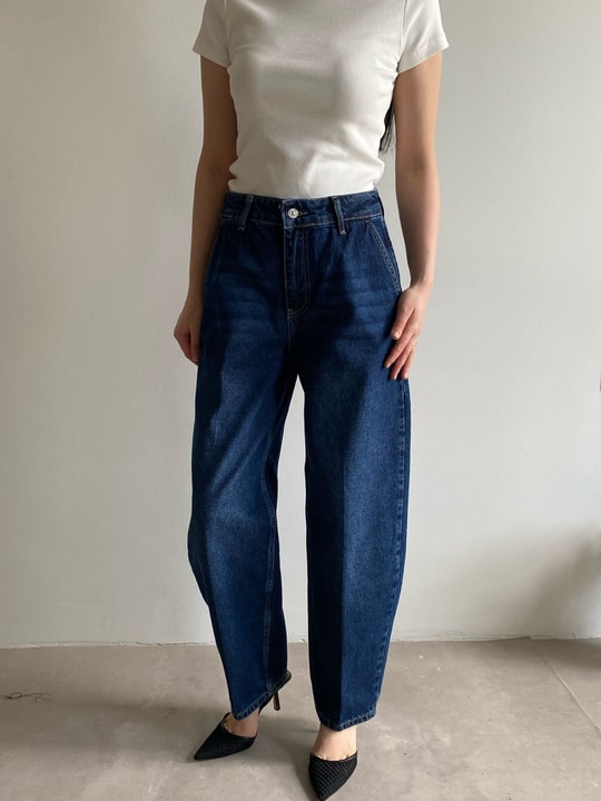 Koyu Mavi Pensli Mom Jean